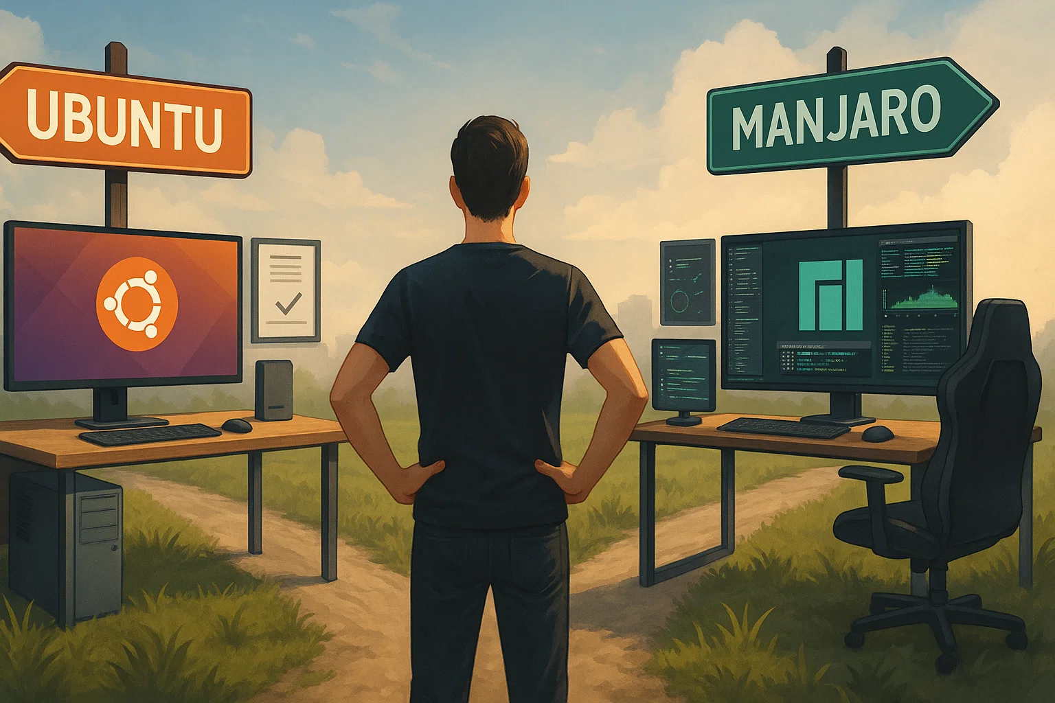 Illustration of a person standing at a fork in the road, choosing between two desks: left with Ubuntu logo and interface under an orange ‘Ubuntu’ sign, right with Manjaro logo and interface under a green ‘Manjaro’ sign, symbolizing the choice between Linux distributions