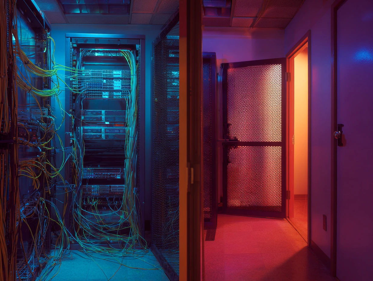 Shared crowded cables; dedicated locked PDU