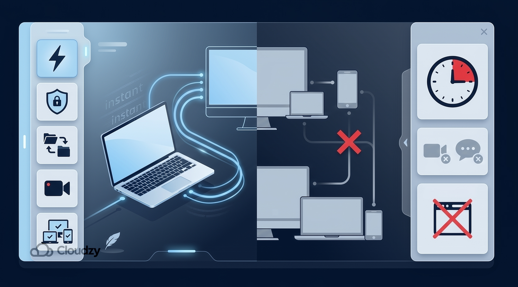 AnyDesk pros and cons mentioned with visual imagery + Cloudzy logo.