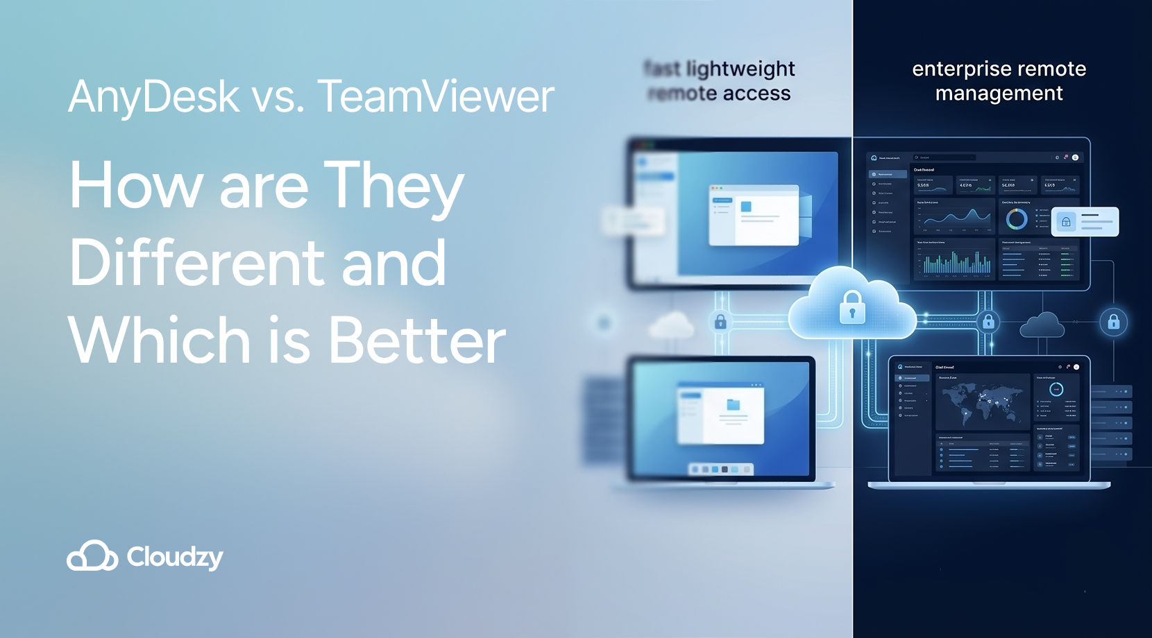 AnyDesk vs. TeamViewer feature image including the two platforms side by side for comparison+Cloudzy logo+tagline+description