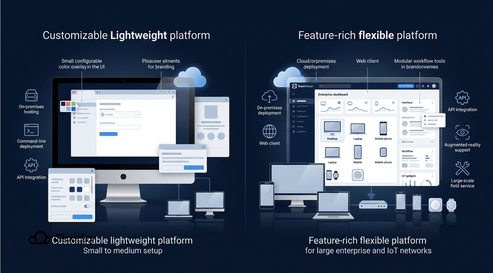 Two distinct platforms, namely AnyDesk vs. TeamViewer put against each other to examine their ability regarding flexibility + Cloudzy logo.