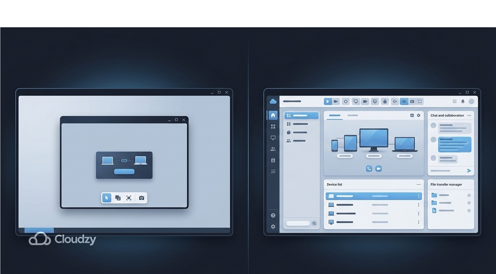 Two distinct platform interfaces, AnyDesk vs. TeamViewer against each other + Cloudzy logo.