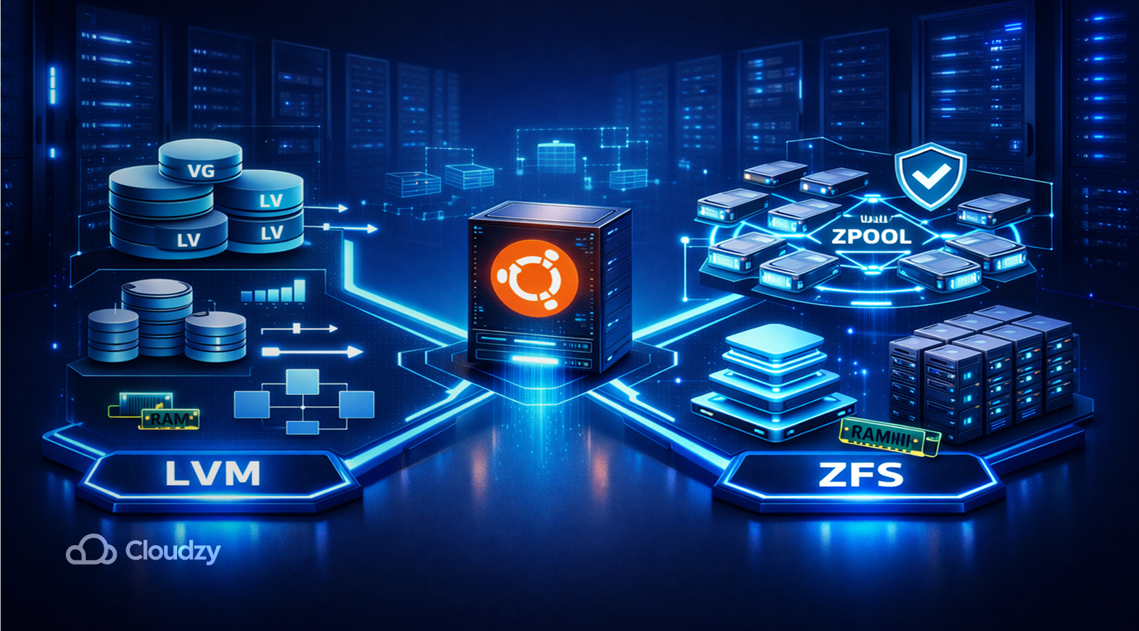 Picture depicting the linux distro Ubuntu surrounded by two Linux volume managers: LVM vs. ZFS + Cloudzy logo.