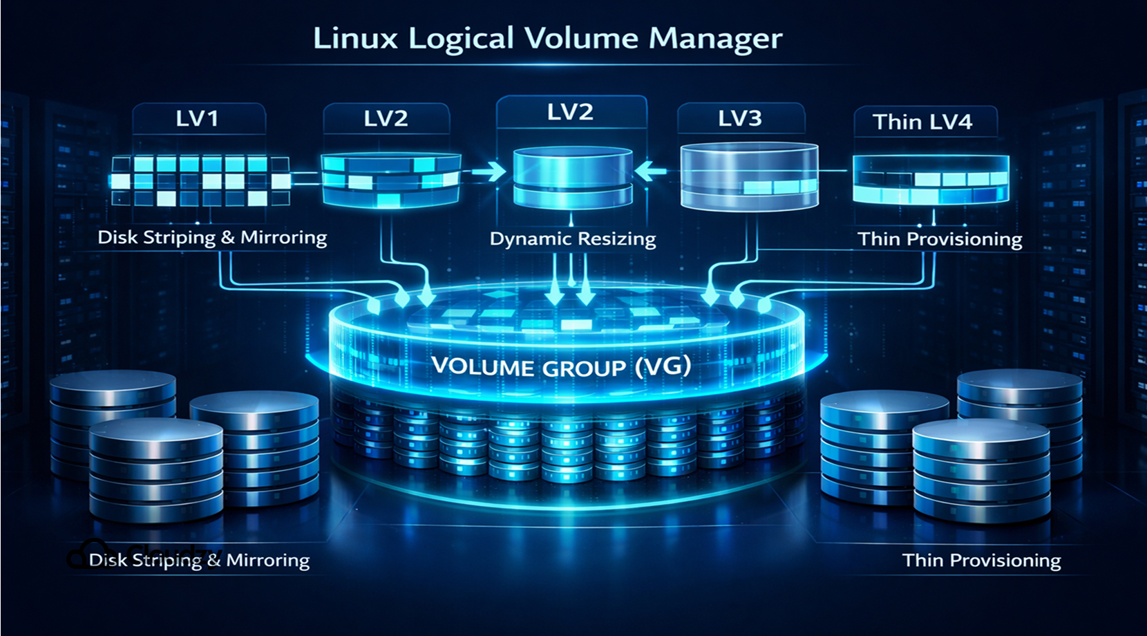 Picture depicting the best features of LVM, which is a great Linux volume manager when it comes to LVM vs. ZFS + Cloudzy logo.