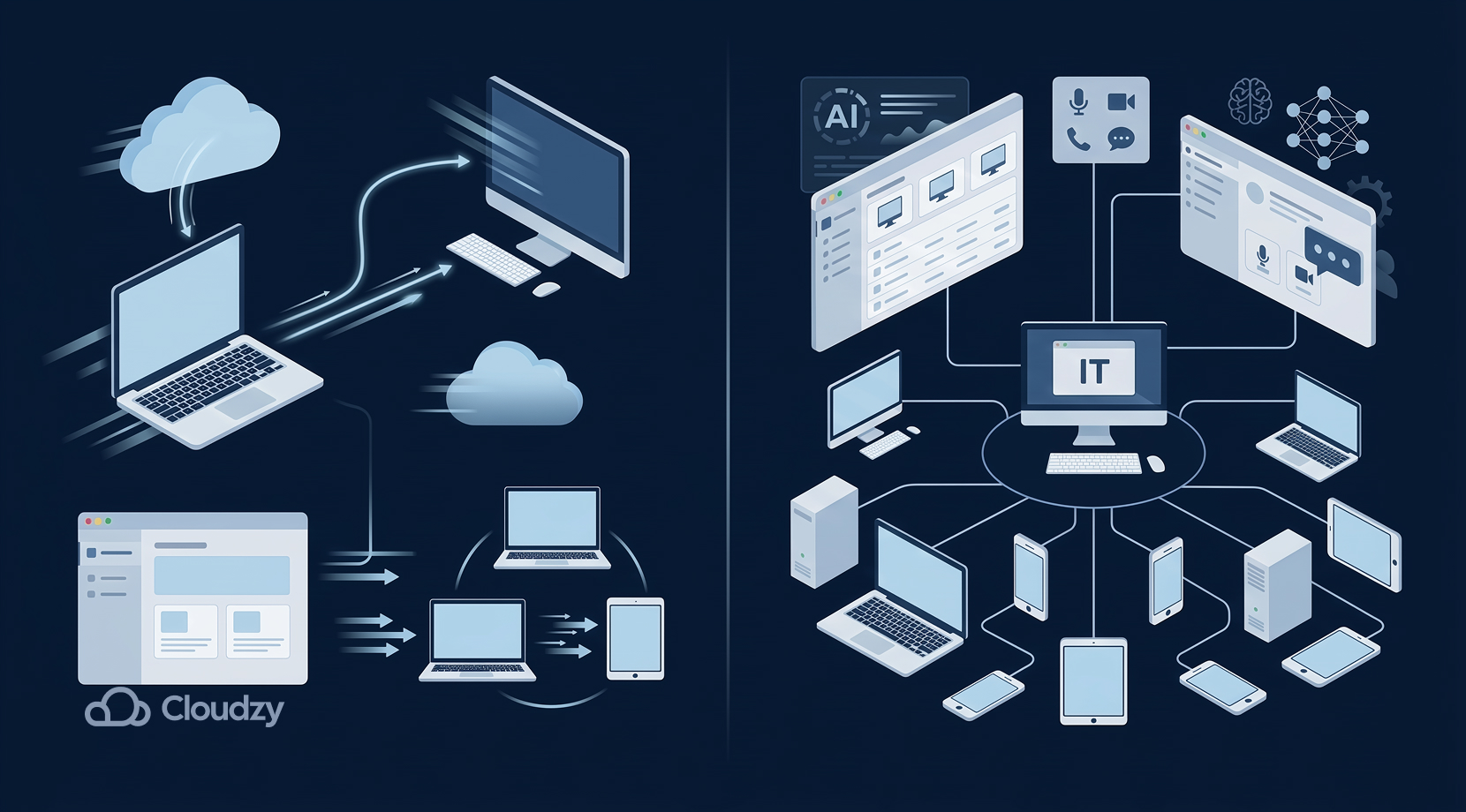 Two remote access apps, AnyDesk vs. TeamViewer, put against each other for comparison + Cloudzy logo.