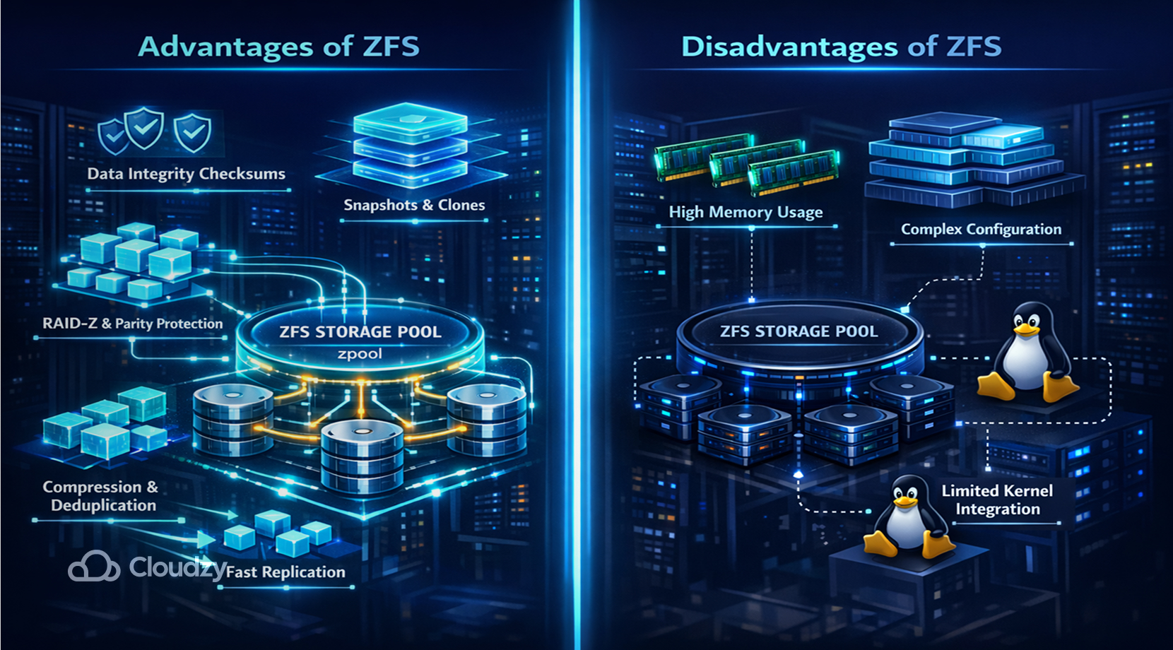 Picture of Pros and Cons of ZFS, a Linux Volume manager + Cloudzy logo.