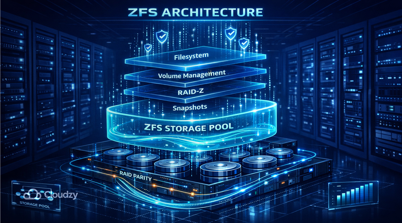 Picture depicting the core elements of ZFS, a prominent Linux volume manager in LVM vs. ZFS + Cloudzy logo.