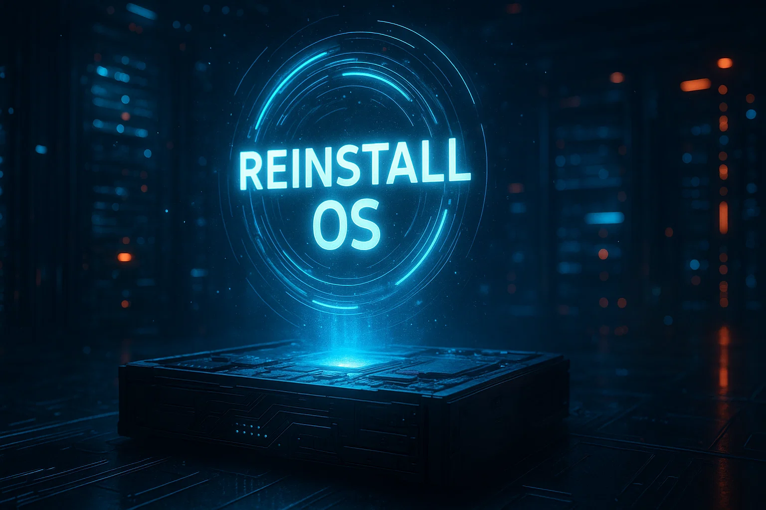 Futuristic holographic "REINSTALL OS" text glowing above a server box in a dark data center with blue neon lights and server racks in the background.