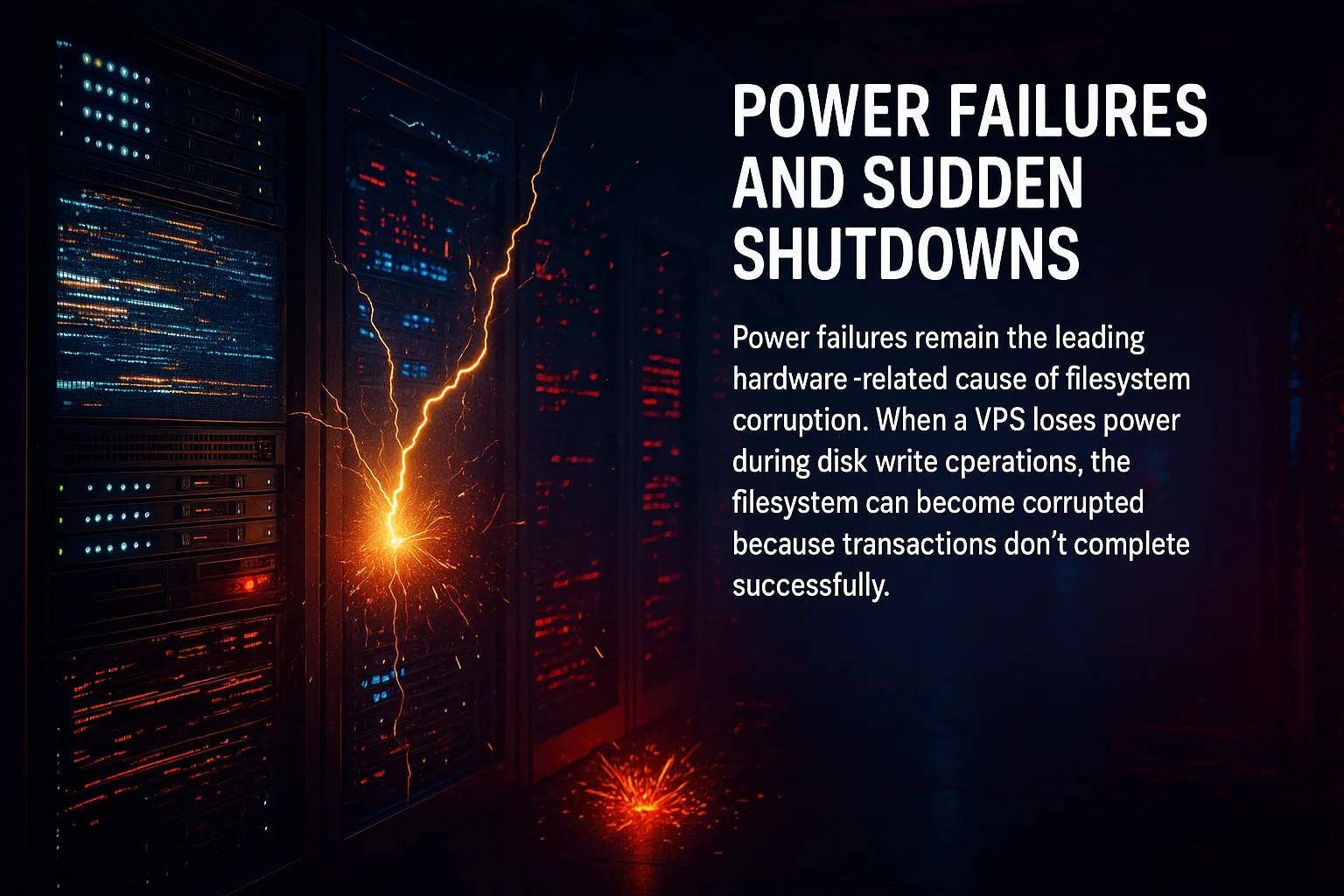 Sparking server rack with bright orange electrical arc, beside header "Power Failures and Sudden Shutdowns" and text explaining how power loss can corrupt filesystems.