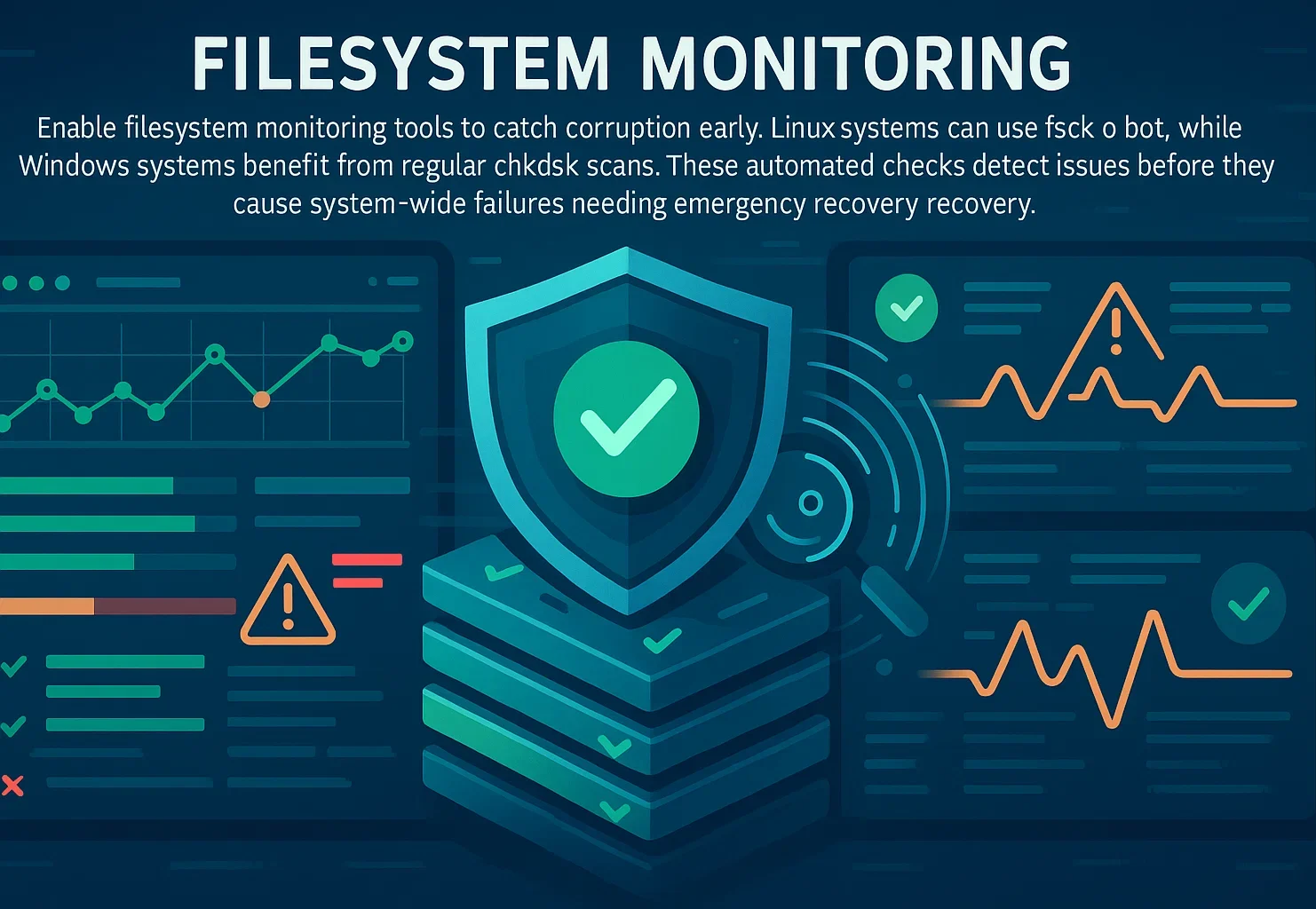 Infographic showing filesystem monitoring with a shield icon, system graphs, and warning indicators on a dark blue background. Text explains monitoring tools for Linux and Windows systems to detect file corruption early.