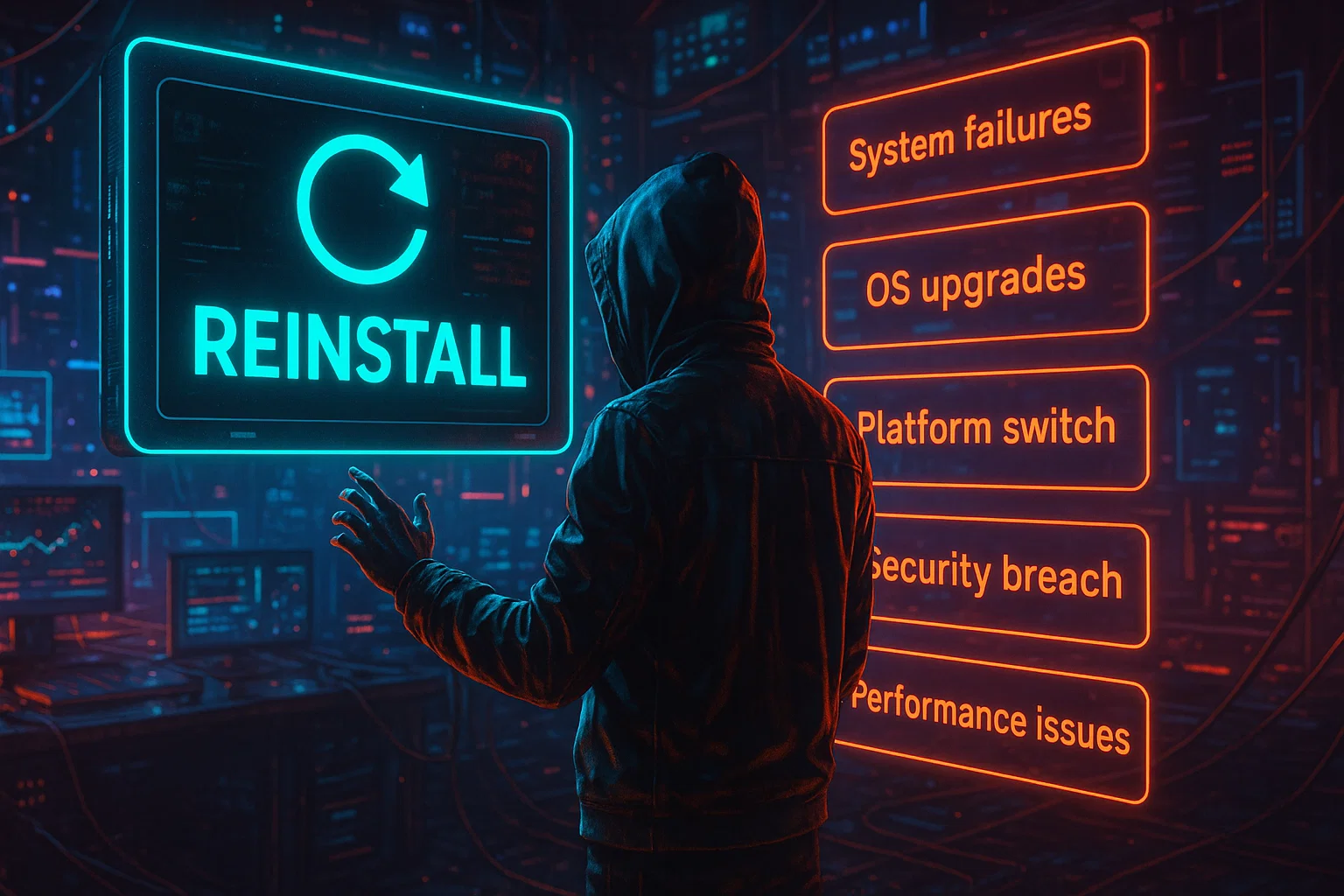 Cyberpunk hooded figure reaching toward holographic "REINSTALL" sign with refresh icon and list of reasons: system failures, OS upgrades, platform switch, security breach, performance issues in a neon-lit data center.