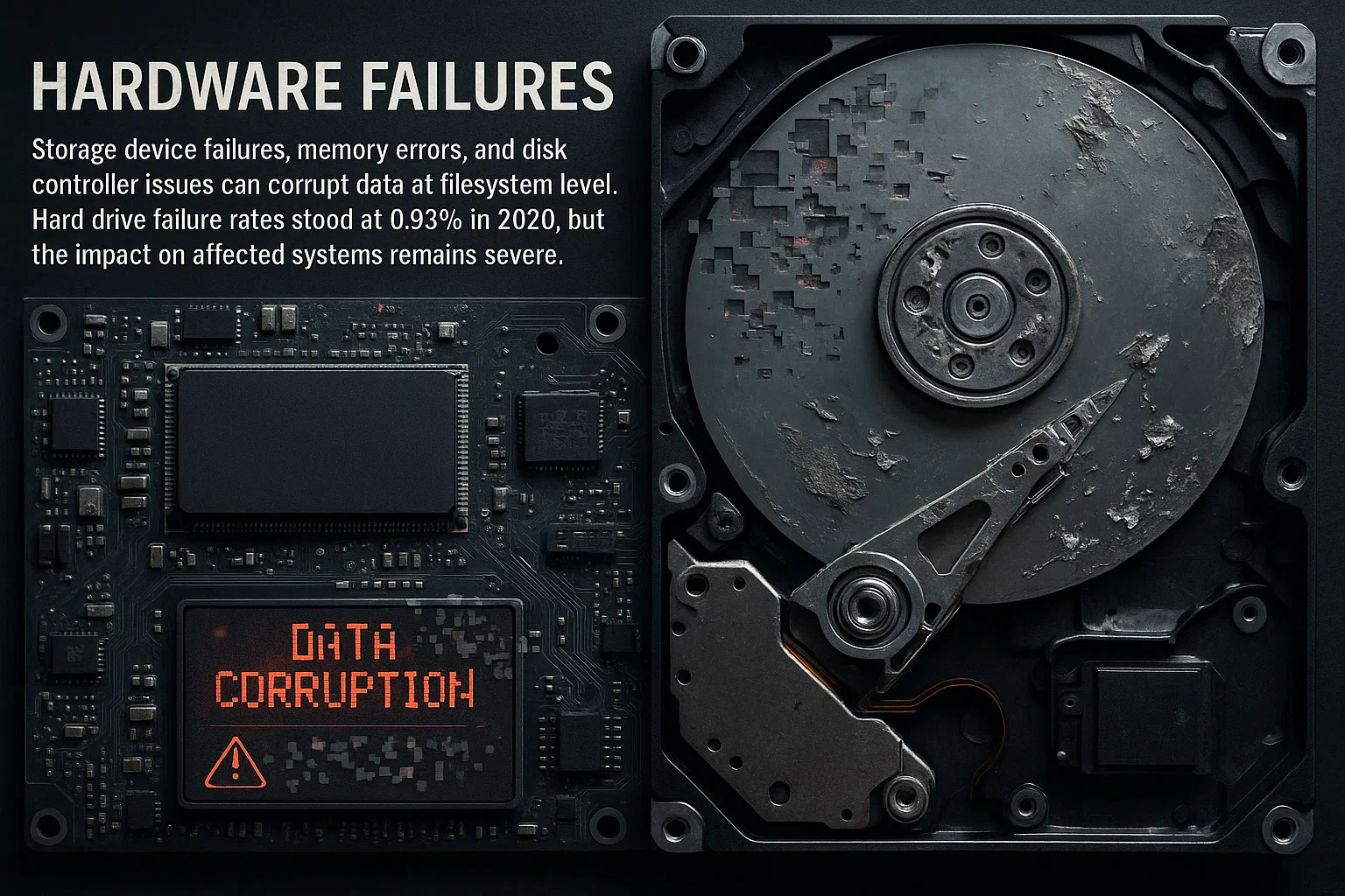 Damaged hard drive with corroded platter and PCB display reading "DATA CORRUPTION," beside the heading "Hardware Failures" and explanatory text.