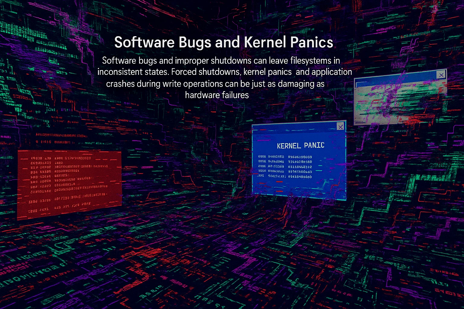 Sparking server rack with an orange electrical arc beside the heading "Power Failures and Sudden Shutdowns" about power loss corrupting filesystems.
