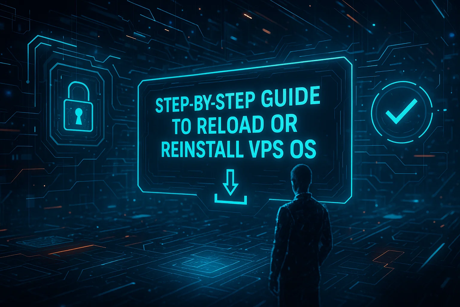 Futuristic silhouette of a person facing a holographic display reading "STEP-BY-STEP GUIDE TO RELOAD OR REINSTALL VPS OS" with lock, download arrow, and checkmark icons in a neon blue cyber circuit background.