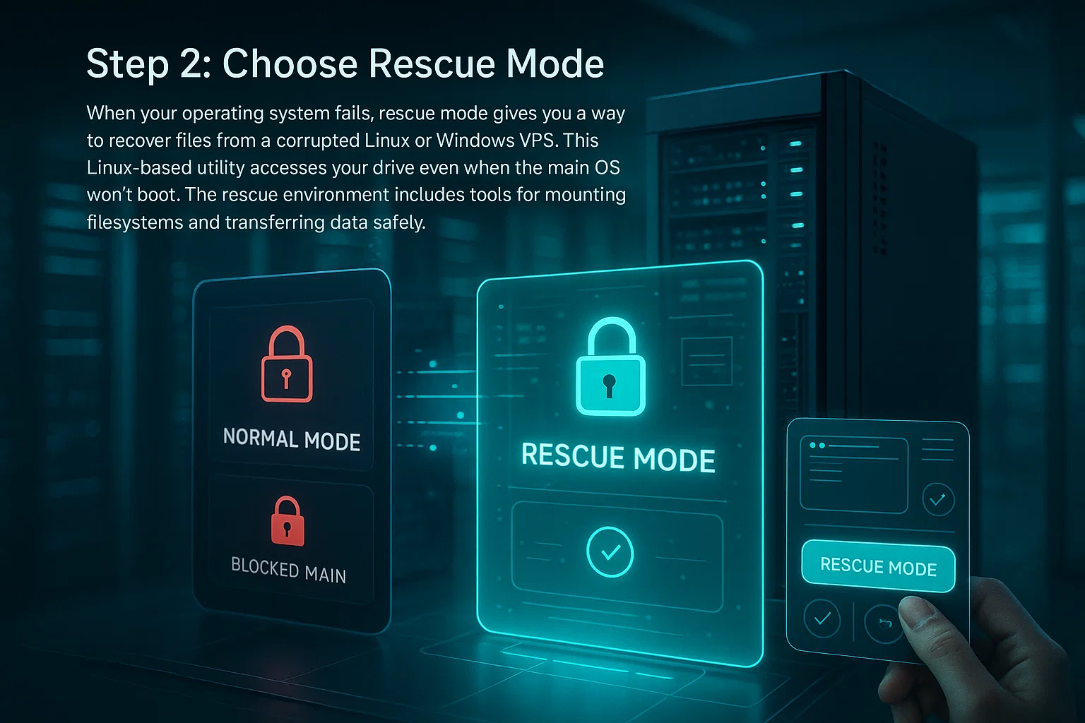 Graphic titled "Step 2: Choose Rescue Mode" showing a highlighted "Rescue Mode" panel and a hand tapping "Rescue Mode" on a phone in front of server racks.