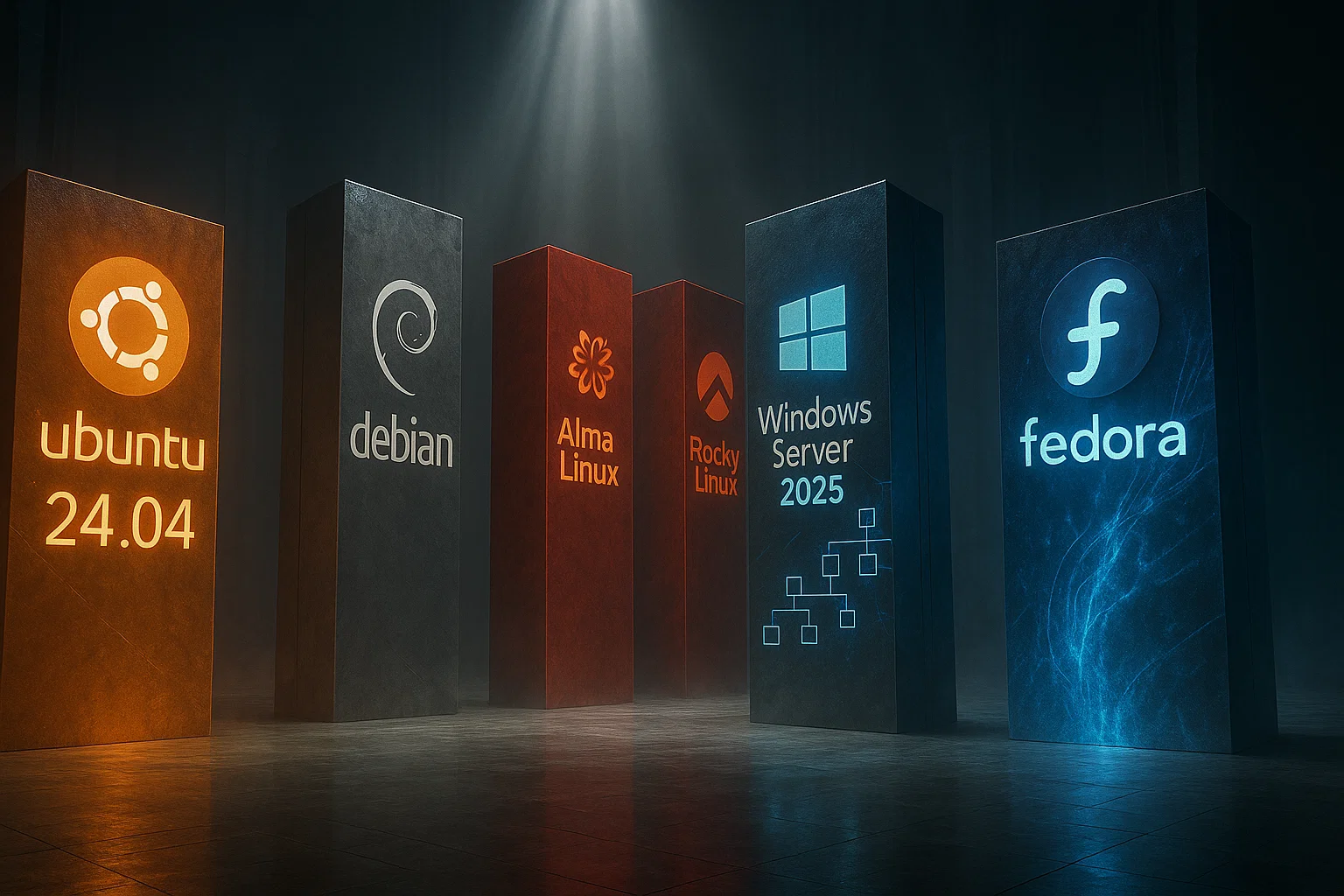 3D rendering of glowing pillars showcasing VPS OS logos: Ubuntu 24.04, Debian, AlmaLinux, Rocky Linux, Windows Server 2025, and Fedora under a spotlight in a dark room.