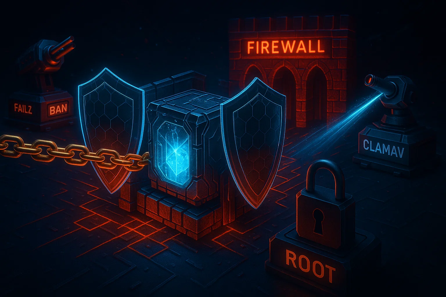 Futuristic cyber security fortress with glowing "FIREWALL" gate, hexagonal shields guarding blue core, Fail2Ban and ClamAV turrets, golden chain, padlock, and "ROOT" block in dark neon environment.