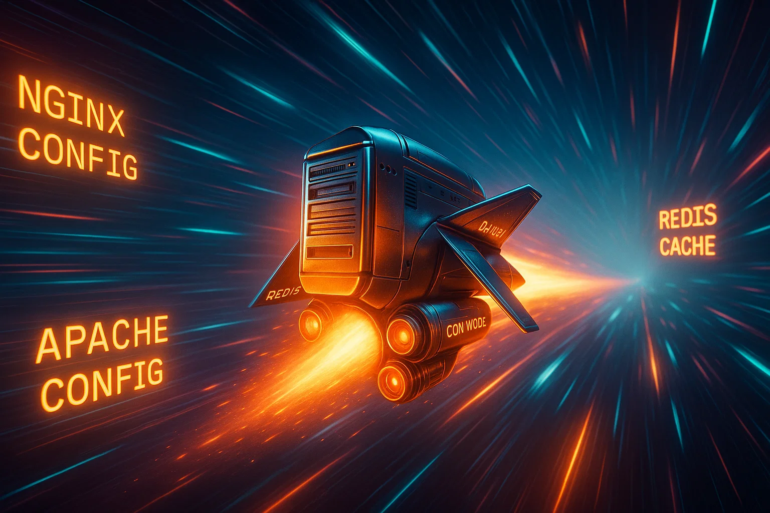 Futuristic server spaceship accelerating through hyperspace with fiery thrusters and neon labels: NGINX CONFIG, APACHE CONFIG, and REDIS CACHE.