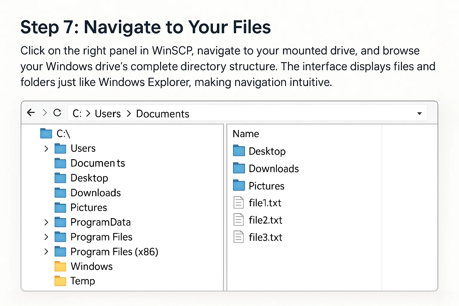 WinSCP-style file browser showing a mounted Windows C:\ directory with folders (Users, Documents, Program Files, Windows) and files, under the heading "Step 7: Navigate to Your Files."