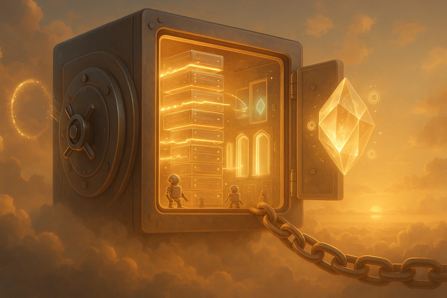 Surreal open vault floating in cloudy sunset sky, revealing glowing stacked servers, tiny robots, a floating crystal gem, magical auras, and a dangling chain, representing secure data backups.