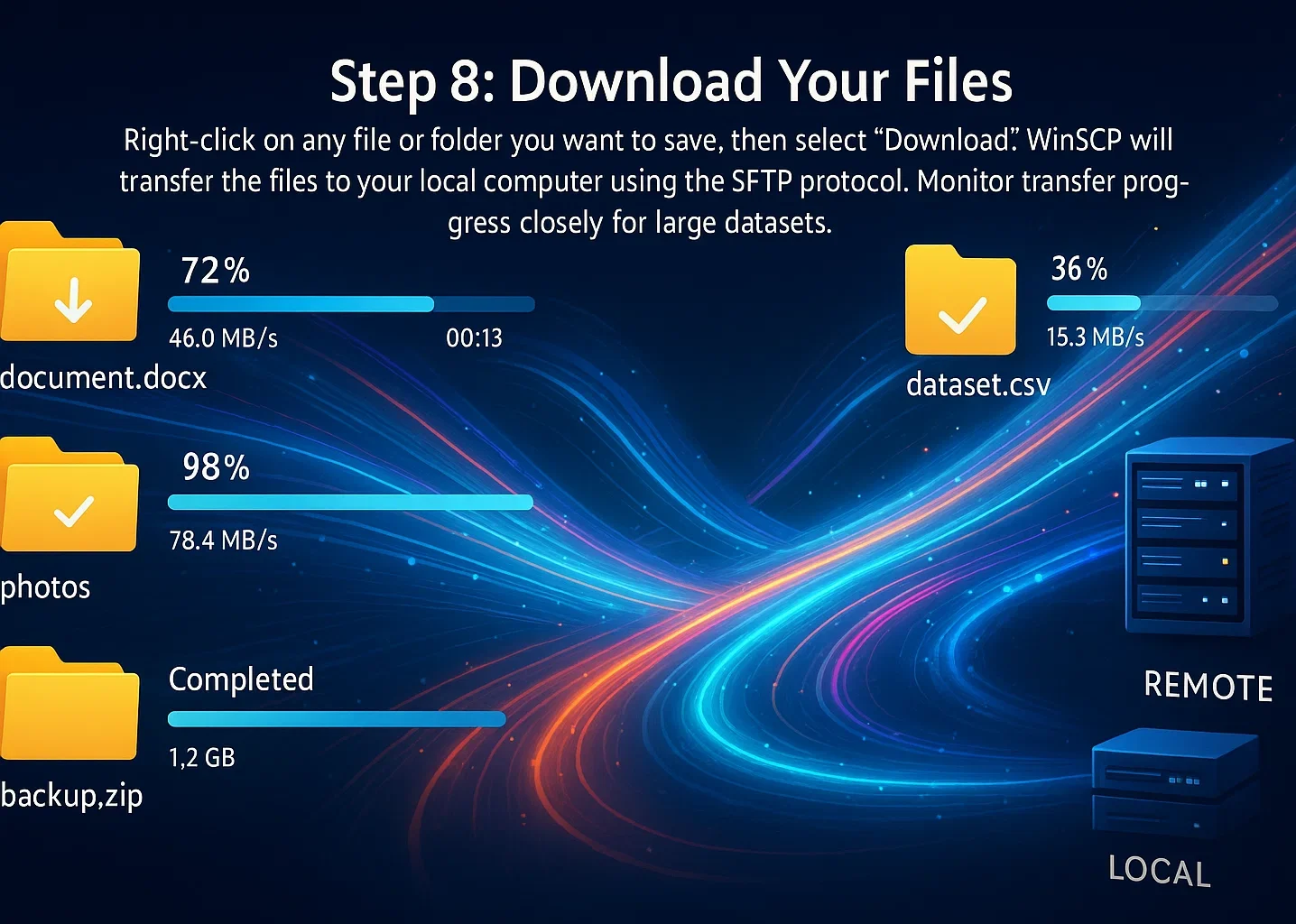 Sparking server rack with an orange electrical arc beside the heading “Power Failures and Sudden Shutdowns,” explaining that power loss can corrupt filesystems.