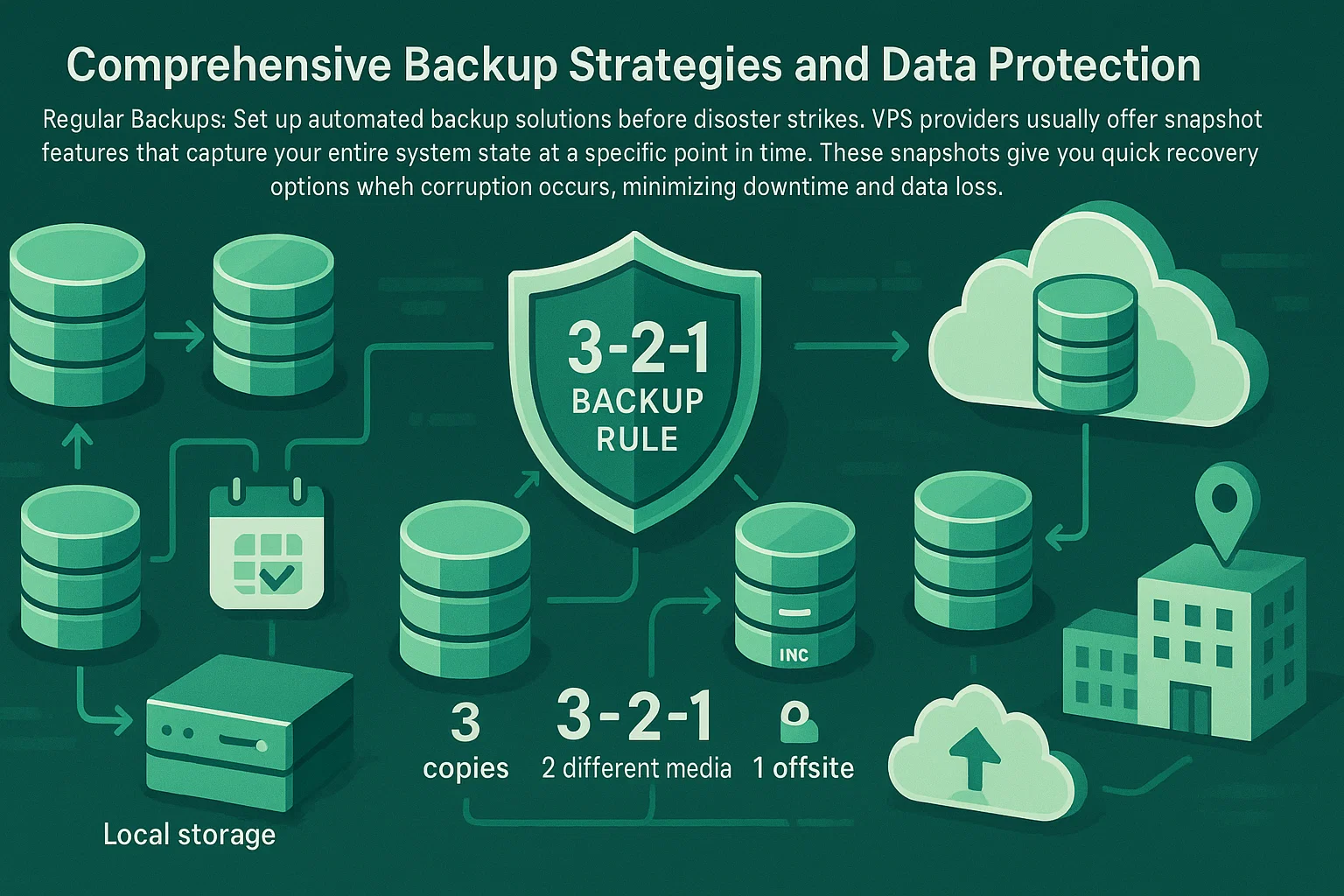 Graphic of the 3-2-1 backup rule showing local storage, multiple backup copies, cloud storage, and off-site icon.