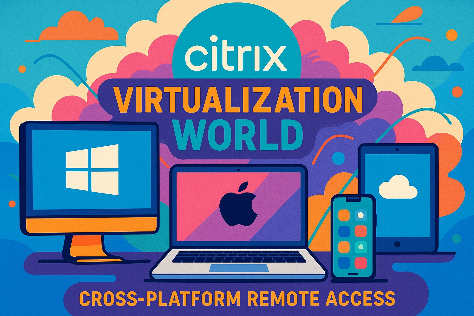 a vibrant setup showing Citrix's virtualization world, supporting everything from Windows to macOS and mobiles. 