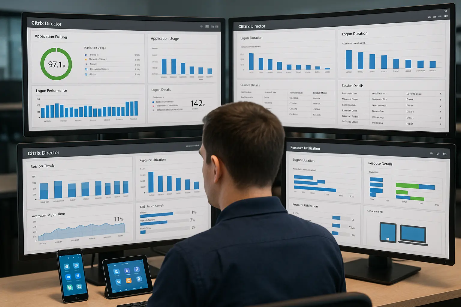 IT person monitoring Citrix Director dashboards across multiple screens, managing apps on phones, tablets, and desktops in enterprise setup.