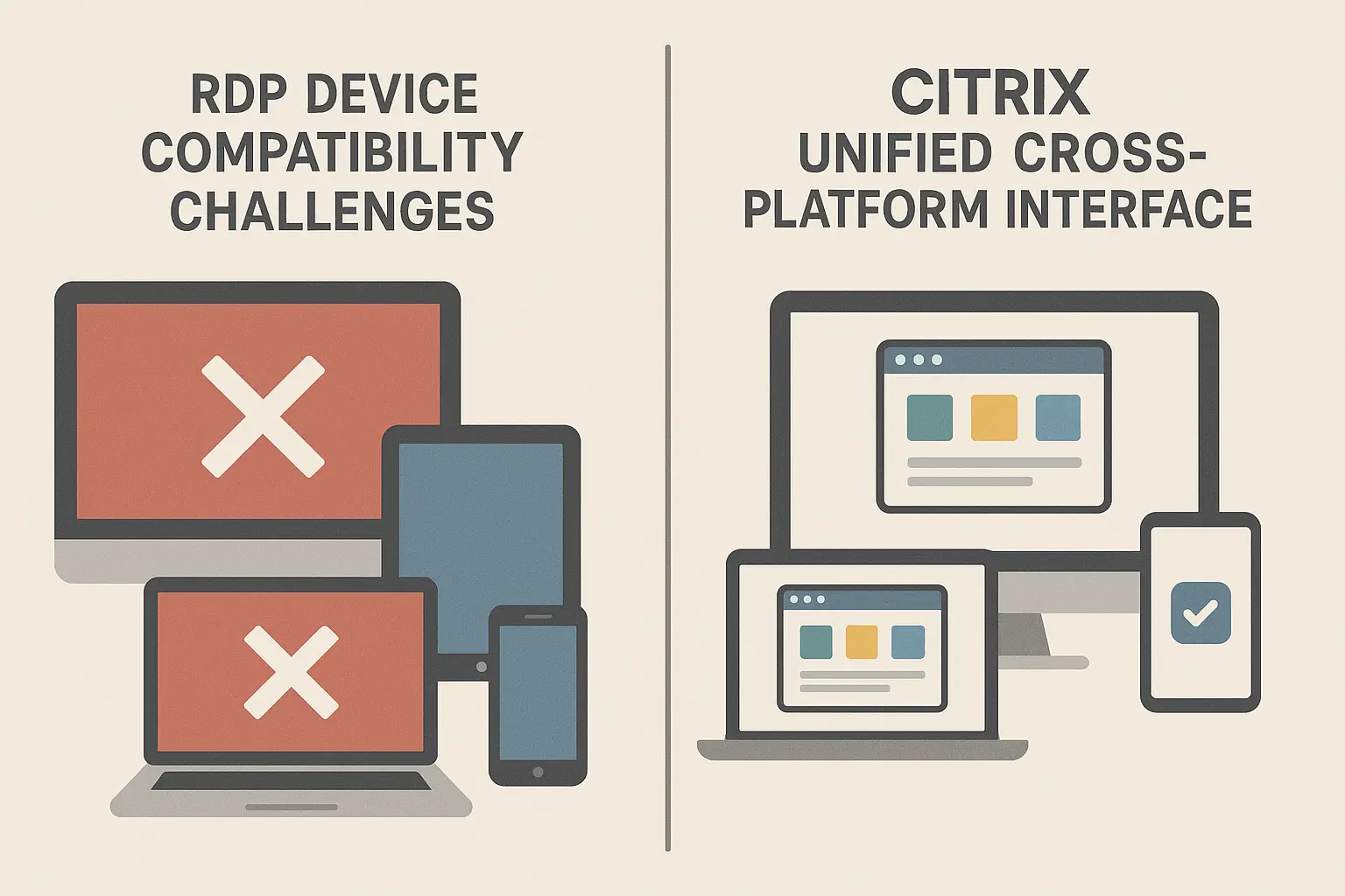 RDP device compatibility challenges versus Citrix's unified cross-platform interface showing consistent user experience.