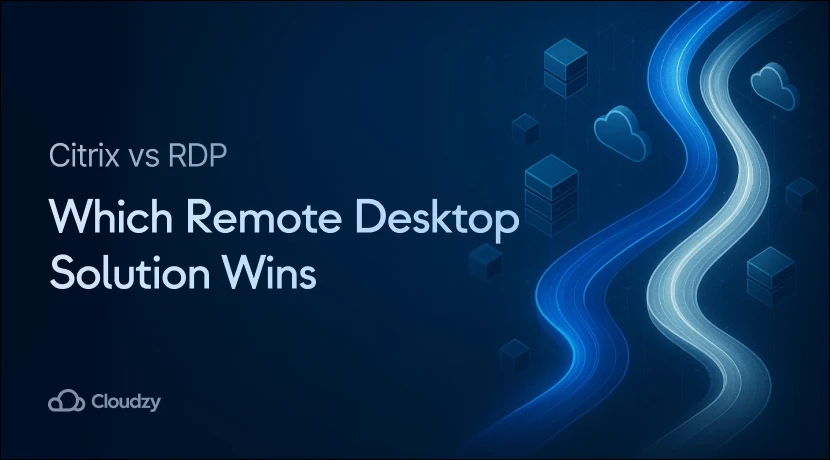 Flowing blue and silver pathways with server nodes and cloud icons on a dark background. Text reads: Citrix vs RDP, Which Remote Desktop Solution Wins.