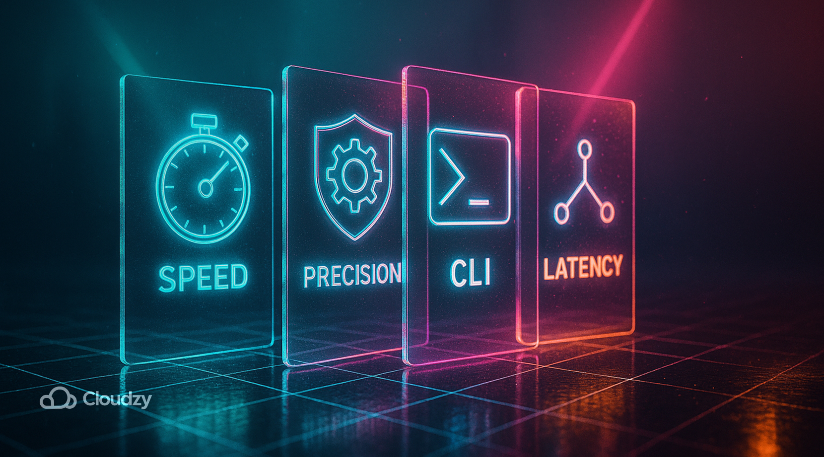 ALT: Four wafer panes fan out like cards: stopwatch icon SPEED, shielded cog PRECISION, terminal caret CLI, and network spark LATENCY; arranged in one foreground layer with a floating perspective grid as the only depth cue.