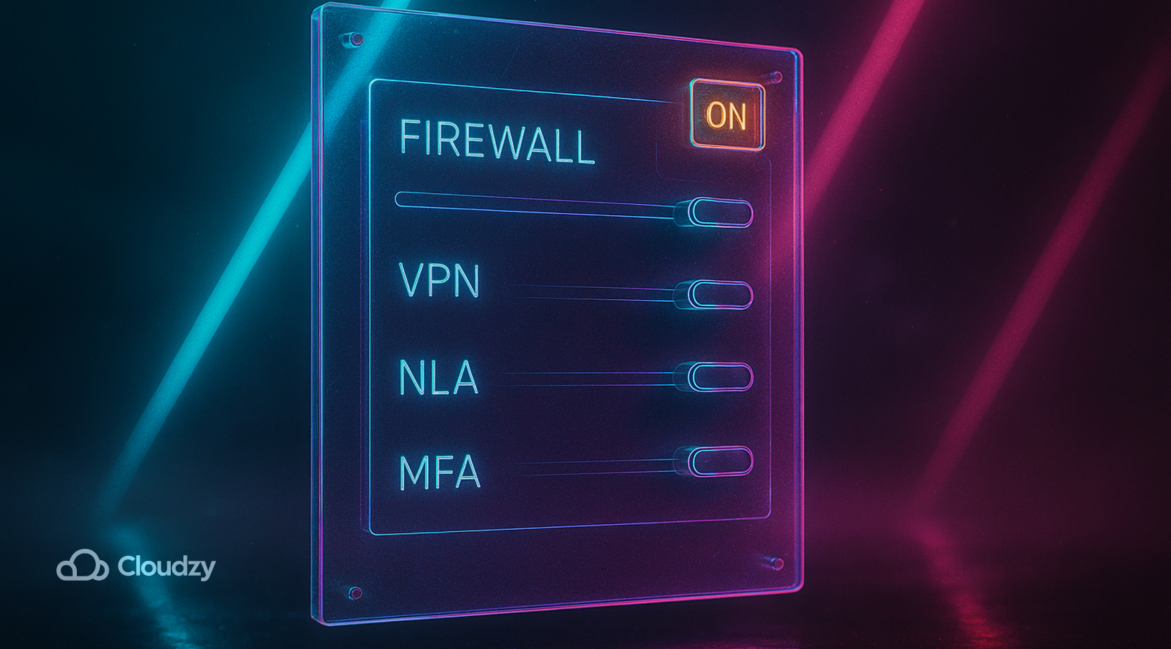 ALT: A wall-mounted breaker-board pane with four slider toggles: FIREWALL, VPN, NLA, MFA; a tiny status chip on the corner glows ON; everything contained on one foreground board with diagonal neon shafts as the single depth cue, calm control-room mood.