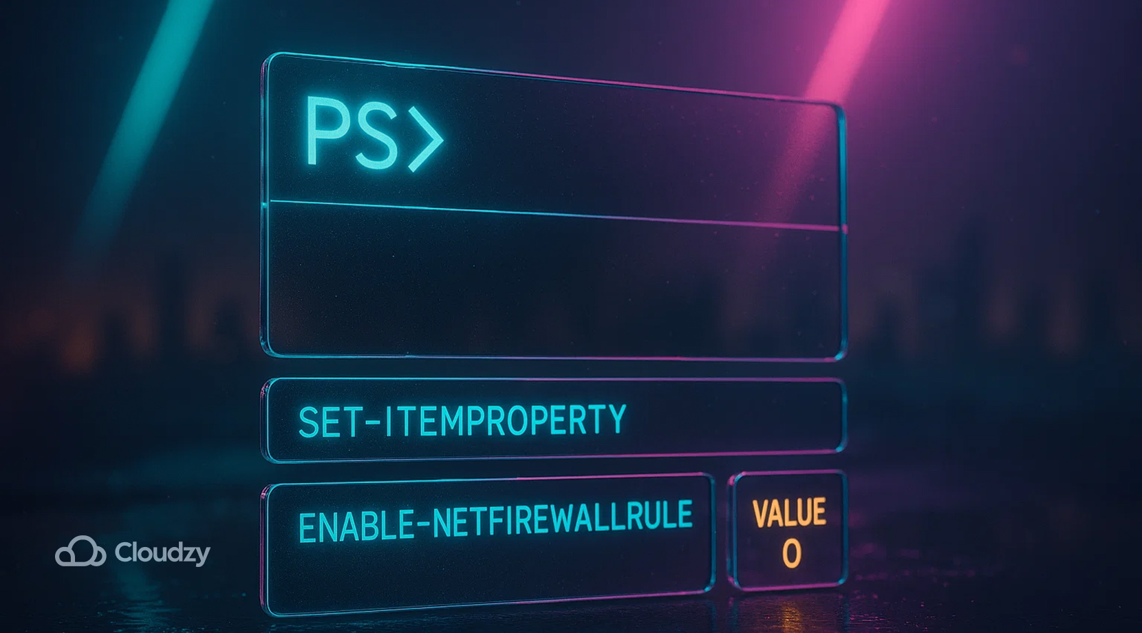ALT: A bold PowerShell pane (PS>) sits above three narrow command panes: SET-ITEMPROPERTY, ENABLE-NETFIREWALLRULE, readout VALUE 0; arranged in one foreground tier with a faint skyline silhouette as the single depth cue.