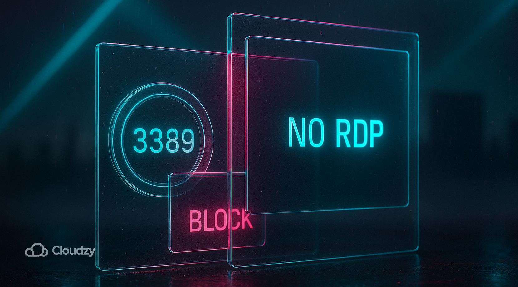 ALT: A glass port-ring marked 3389 gets covered by a sliding shield pane labeled BLOCK while a dimmed monitor shows NO RDP; single foreground layer with a faint skyline silhouette as the single depth cue.