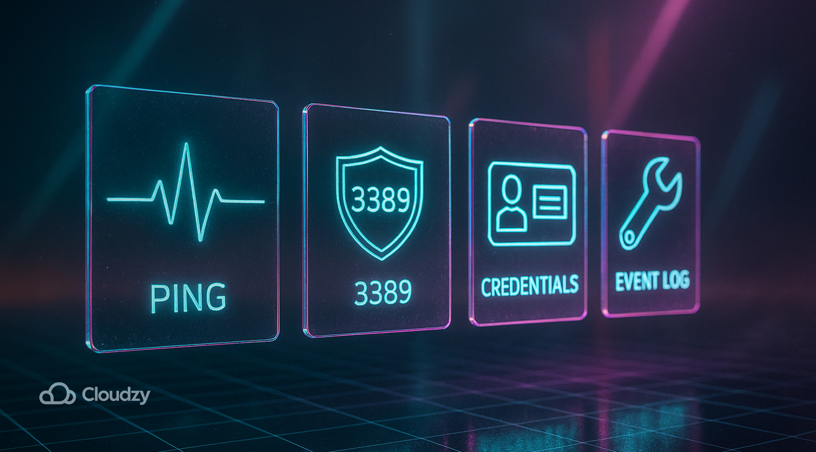 ALT: A diagnostic strip of four panes: pulse line PING, shield 3389, ID card CREDENTIALS, wrench EVENT LOG; one foreground layer with a floating perspective grid as the only depth cue.
