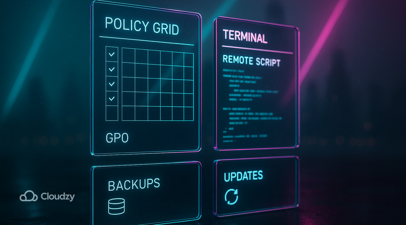 ALT: Administration pair: policy grid GPO, terminal stack REMOTE SCRIPT; two helper tabs beneath: BACKUPS, UPDATES; single foreground layer with a faint skyline silhouette as the single depth cue.