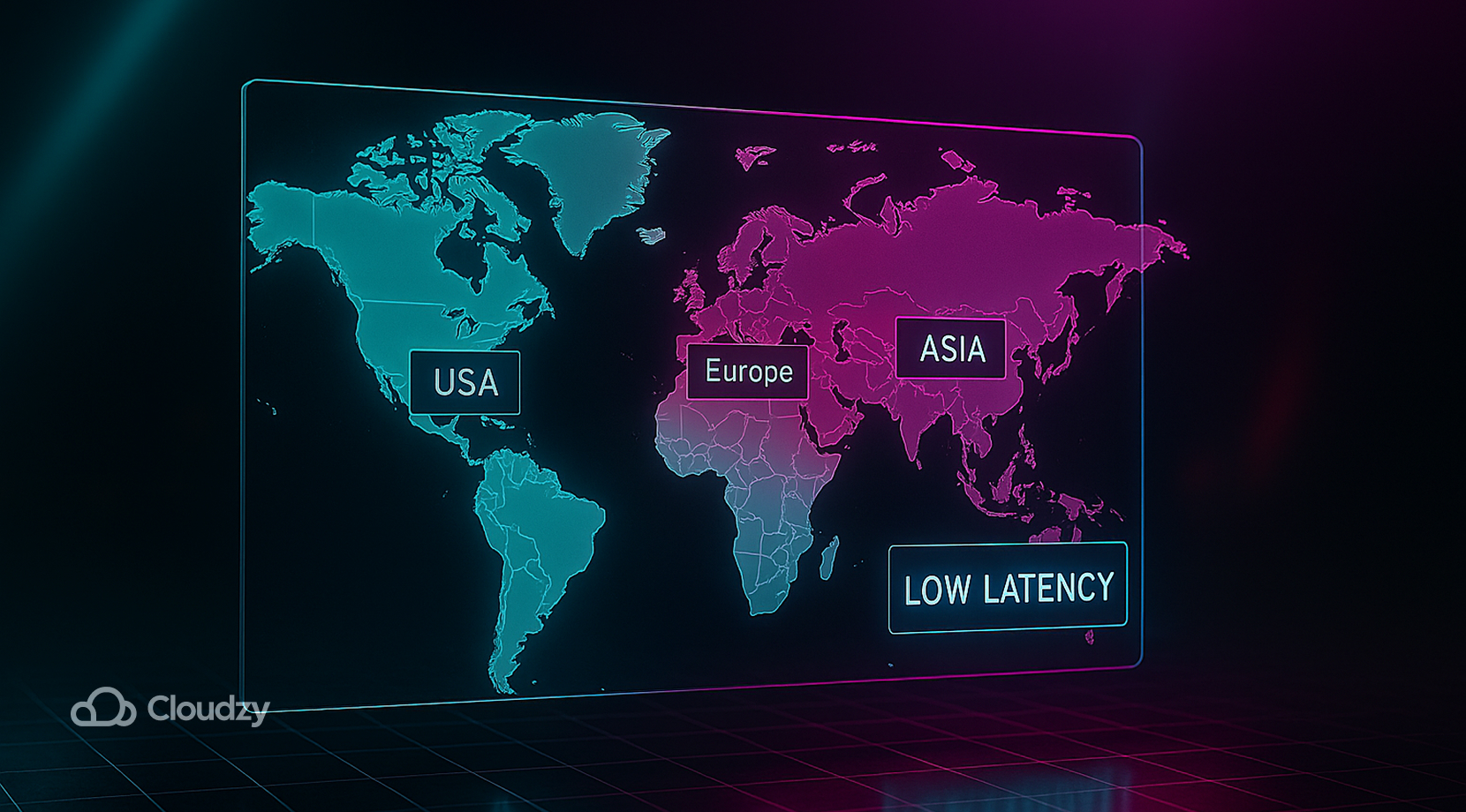 ALT: World map glass sheet with three pin-panes: USA pinned in the USA continent, Europe in the Europe continent, Asia in the Asia continent; a side badge reads LOW LATENCY; one foreground layer with a floating perspective grid as the only depth cue.