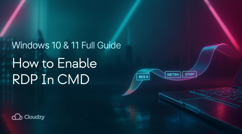 ALT: A slender holographic ribbon unfurls from a glass keyboard corner and sails rightward, with short tokens along its edge: REG 0, NETSH, START. The ribbon’s start rests mid-left to keep roomy copy space; one foreground layer with a faint skyline silhouette as the depth cue.