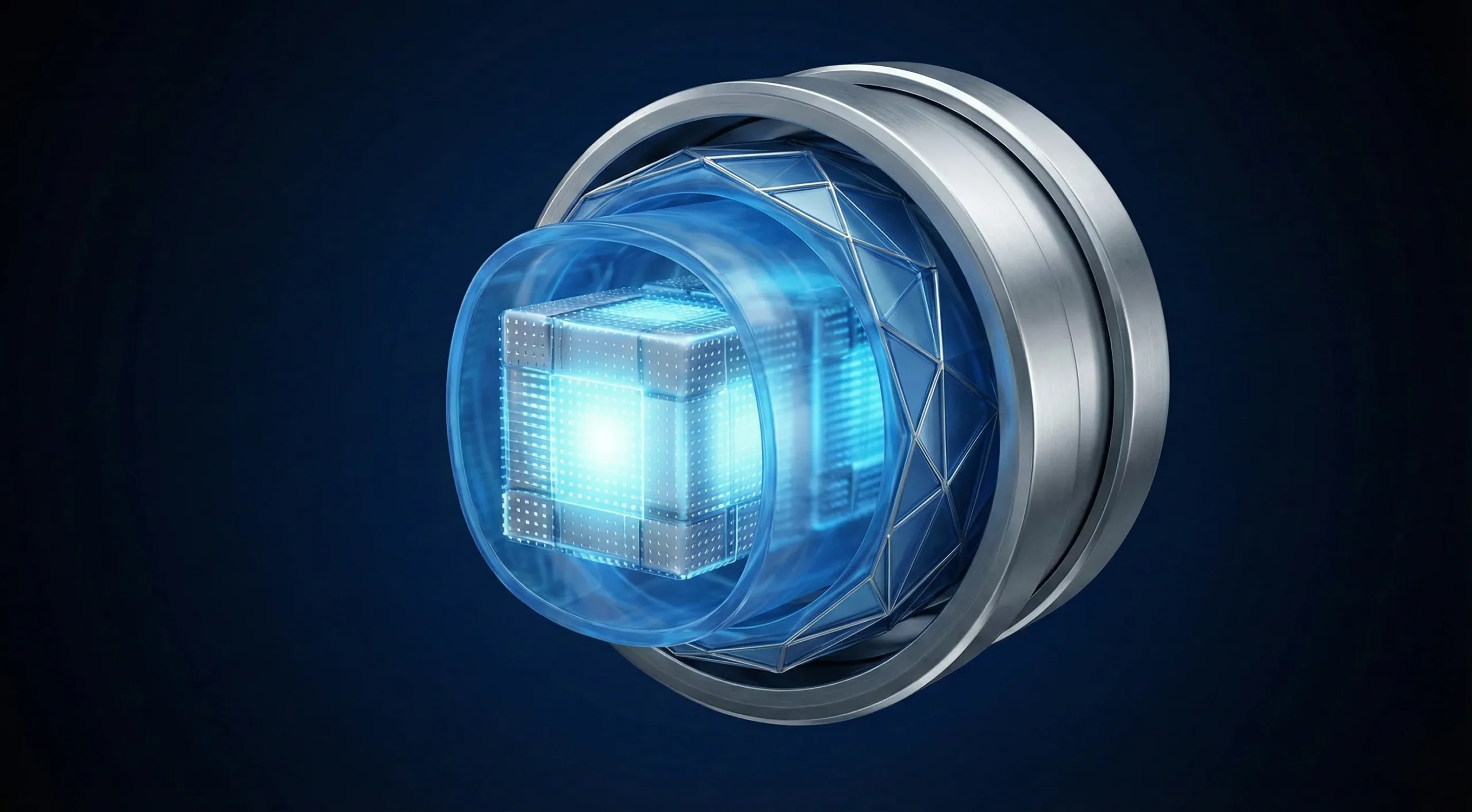 1 scaled A glowing digital data cube is safely encased within a translucent blue cylinder and a heavy silver metallic ring, illustrating a multi-layered encapsulation process.