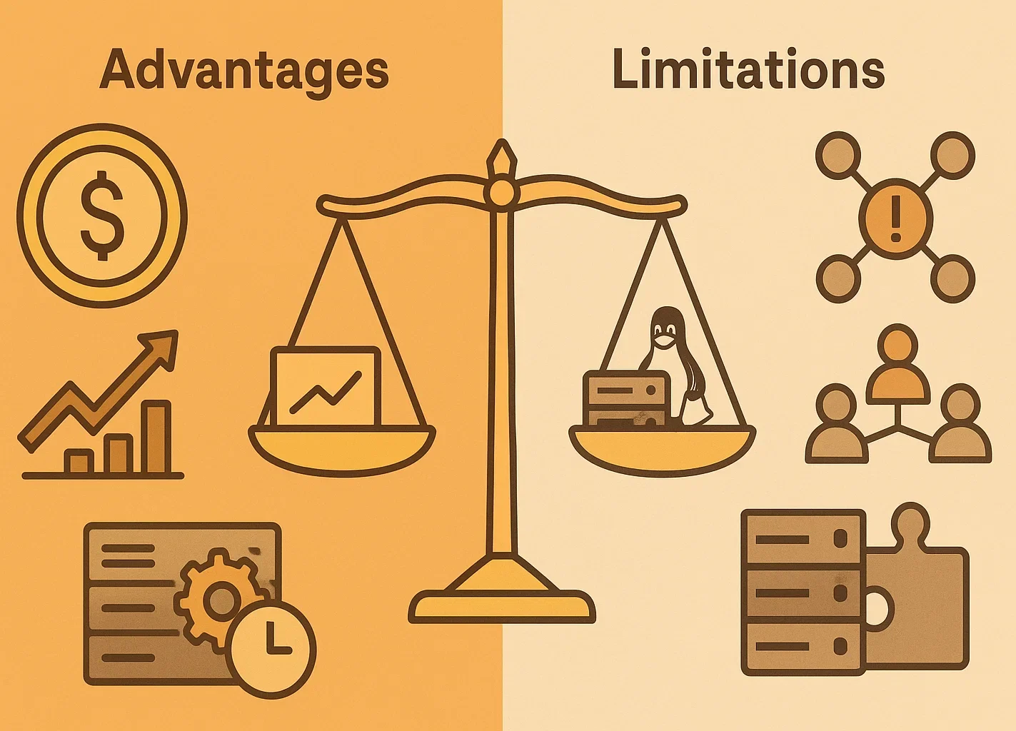 DirectAdmin advantages and limitations comparison chart with icons showing cost savings, performance, and Linux compatibility versus network restrictions and plugin limitations