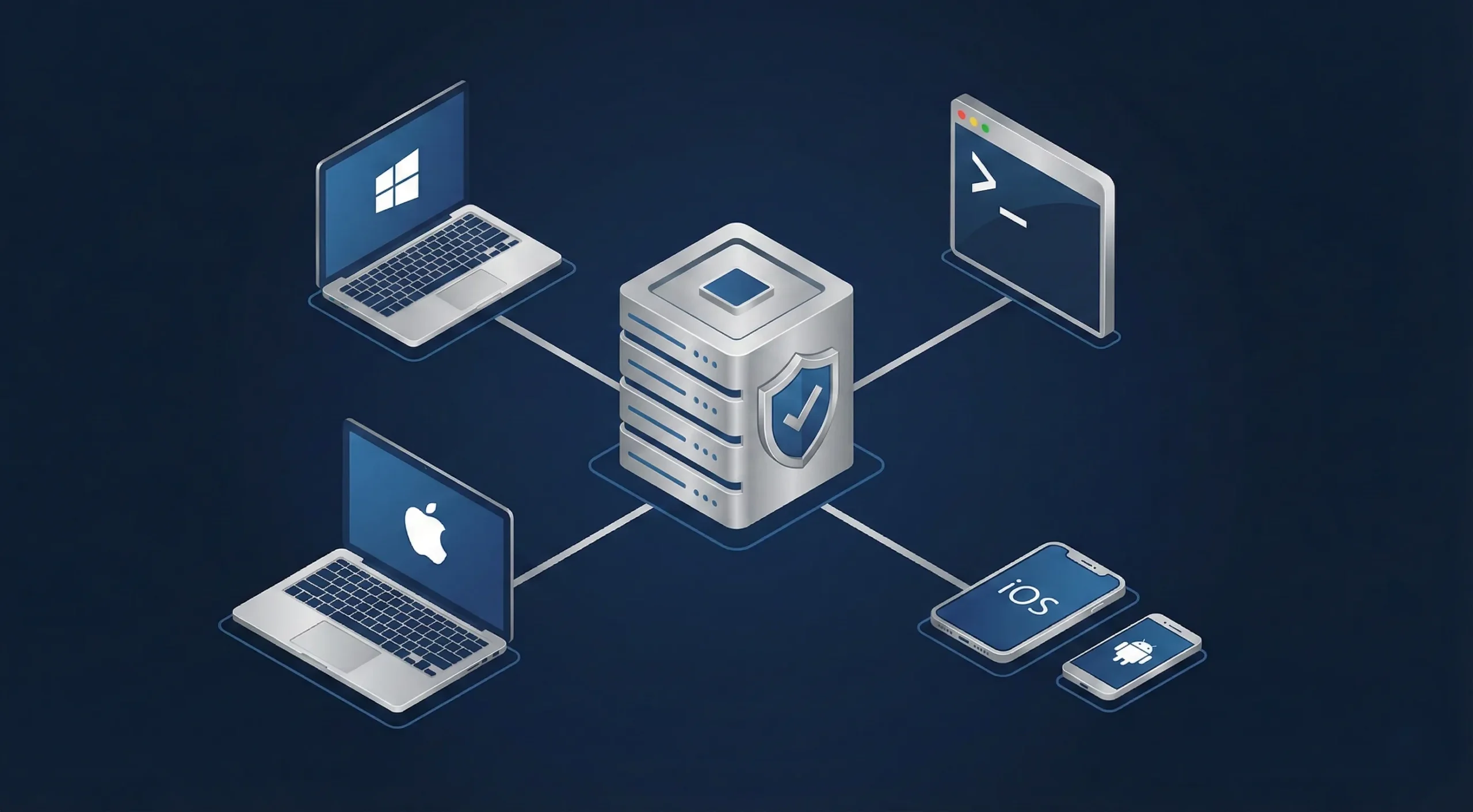 2 scaled A central silver server with a shield icon connects seamlessly to a Windows laptop, a MacBook, a Linux terminal, an iOS device, and an Android smartphone.