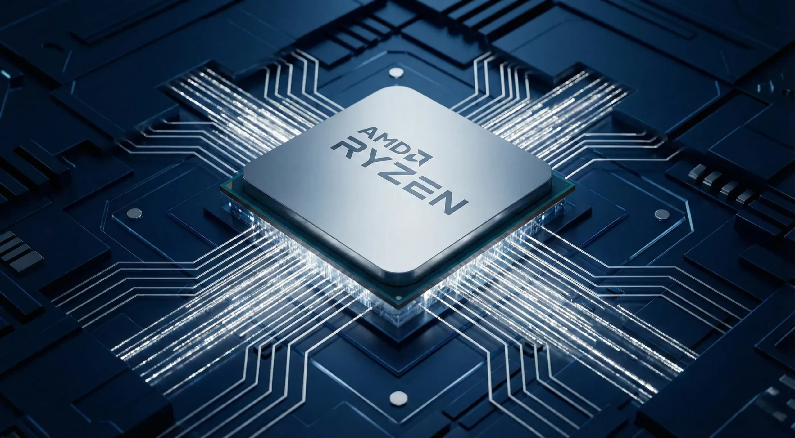 4 2 scaled An AMD Ryzen CPU centered on a dark blue circuit board, with bright white glowing traces radiating diagonally