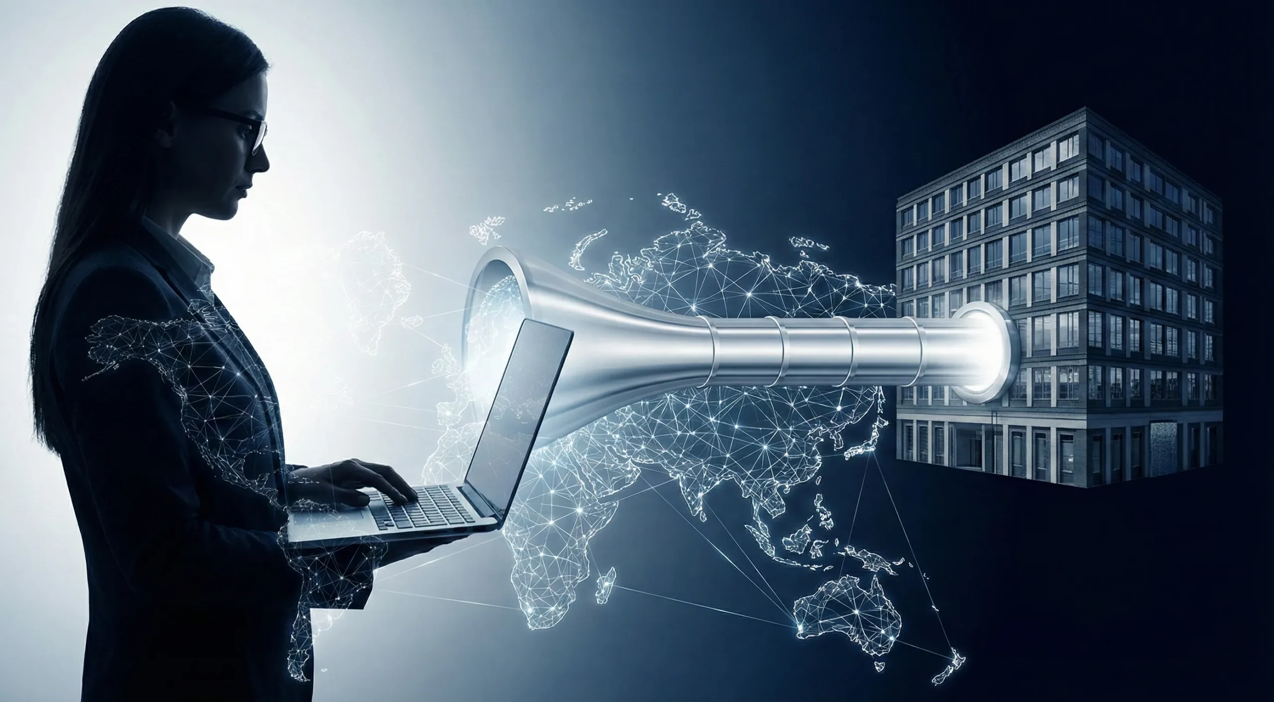5 1 scaled The silhouette of a professional woman on a laptop connects via a secure, glowing silver tunnel through a digital world map directly into a corporate office building.