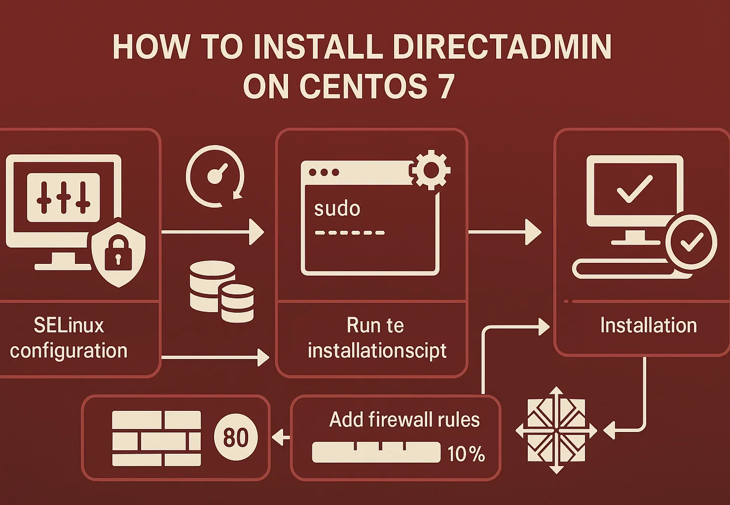 DirectAdmin CentOS 7 installation flowchart showing SELinux configuration, system update, sudo installation script execution, firewall setup, and completion steps with progress indicators