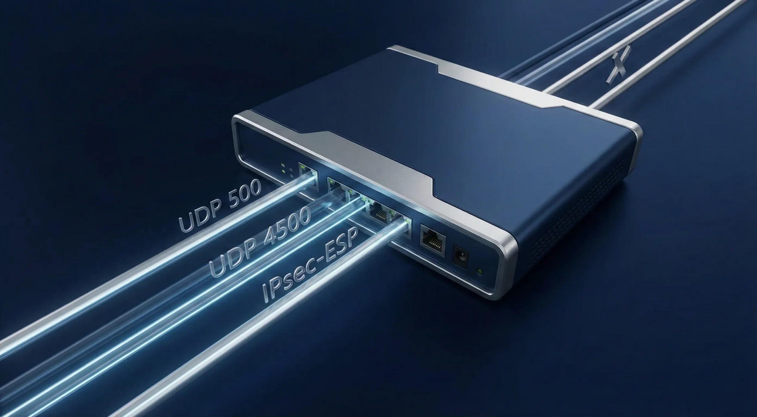 6 1 scaled A dark blue and silver network router features glowing optical cables plugged into its ports, explicitly labeled with "UDP 500," "UDP 4500," and "IPsec-ESP."