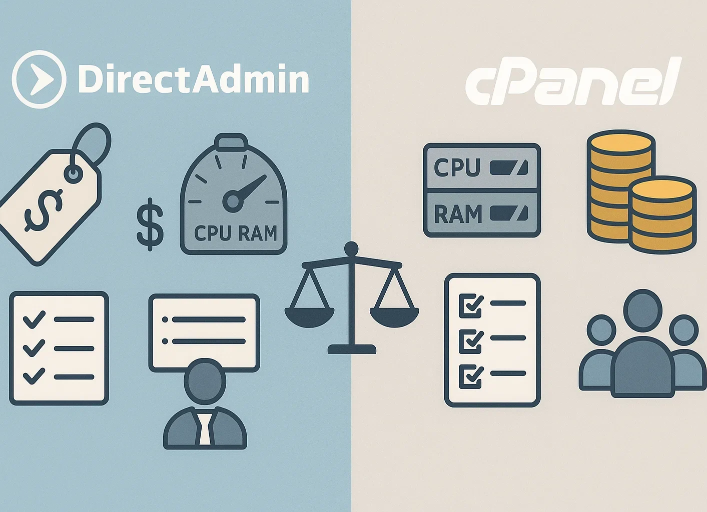 DirectAdmin vs cPanel comparison showing cost effectiveness, resource usage, feature lists, and user management differences between the two web hosting control panels