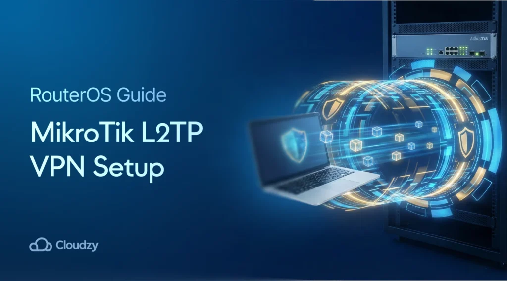 A Cloudzy title image for a MikroTik L2TP VPN guide, showing a laptop connecting to a server rack via a glowing blue and gold digital tunnel with shield icons.
