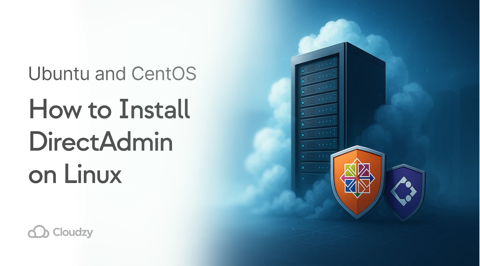 DirectAdmin installation guide banner showing server tower with Ubuntu and CentOS shield logos against a blue cloudy background