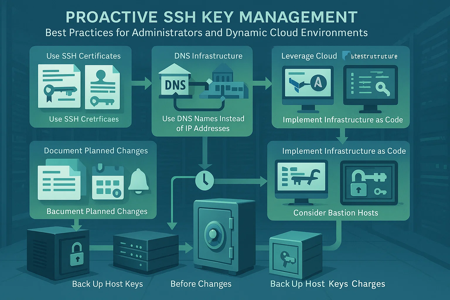 Infographic showing SSH key management best practices: use SSH certificates, DNS names, Infrastructure as Code, back up host keys, document changes, and consider bastion hosts.