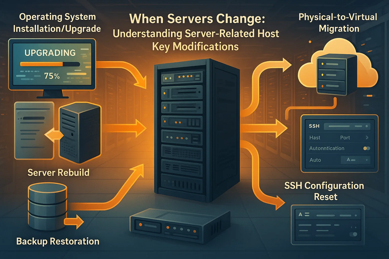 Infographic showing server changes that modify SSH host keys, including OS upgrades, server rebuilds, backup restoration, physical to virtual migration, and SSH configuration resets.
